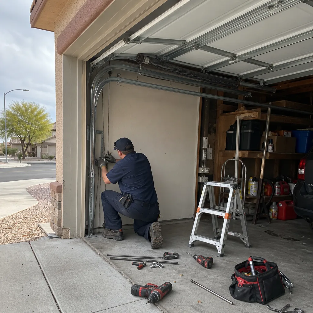 Technician performing professional garage door cable repair with specialized tools