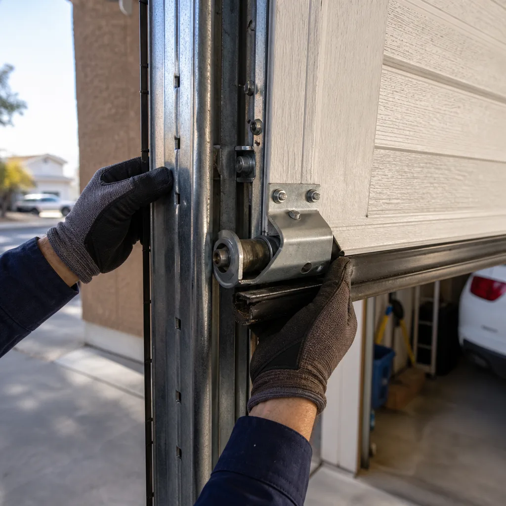 Technician performing professional garage door cable and roller repair