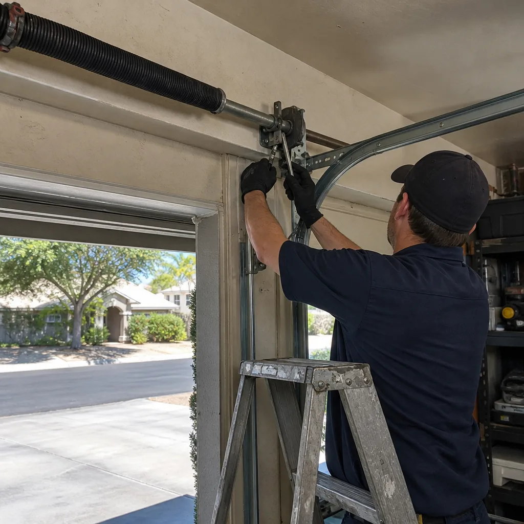 Professional technician performing garage door cable repair