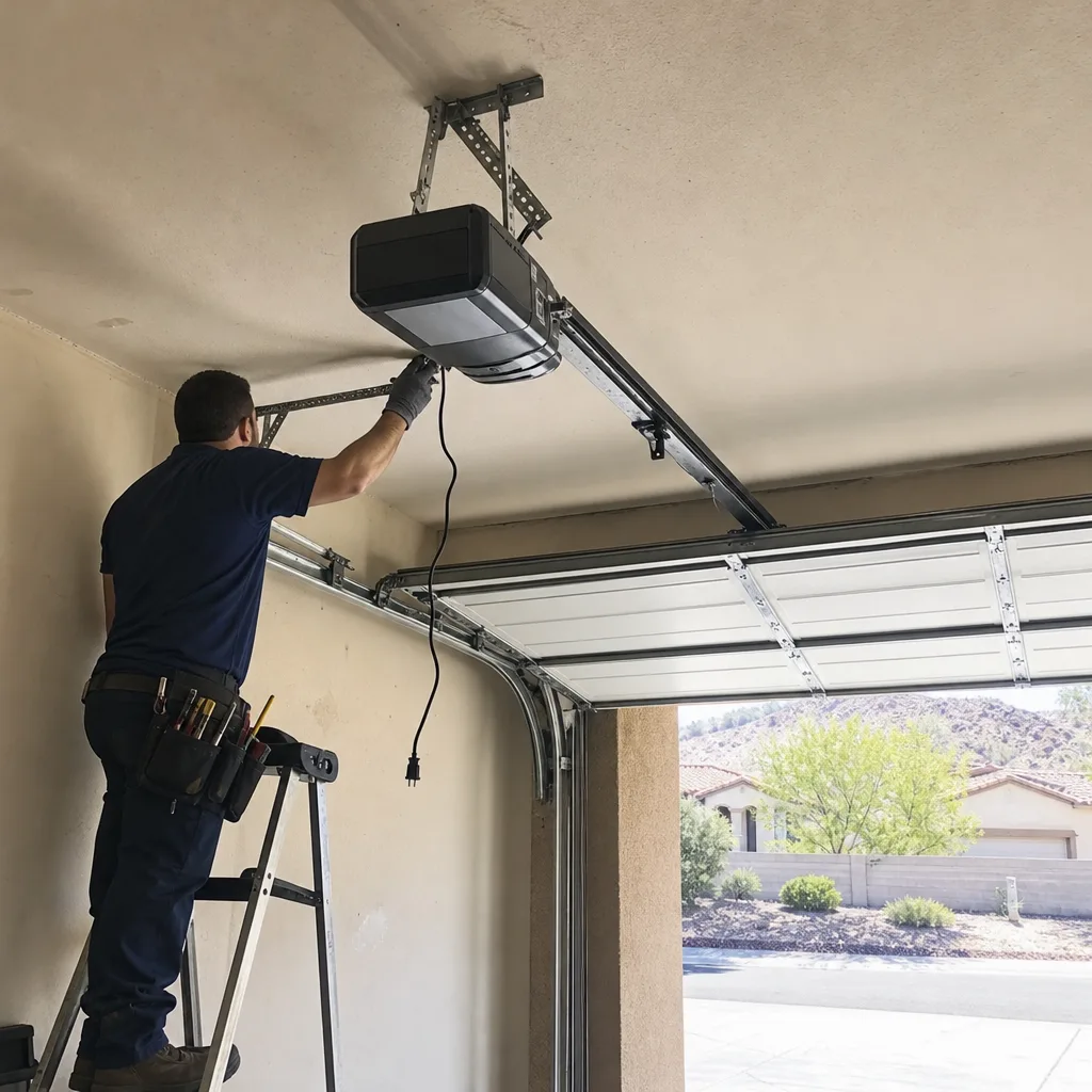 Technician performing garage door opener repair