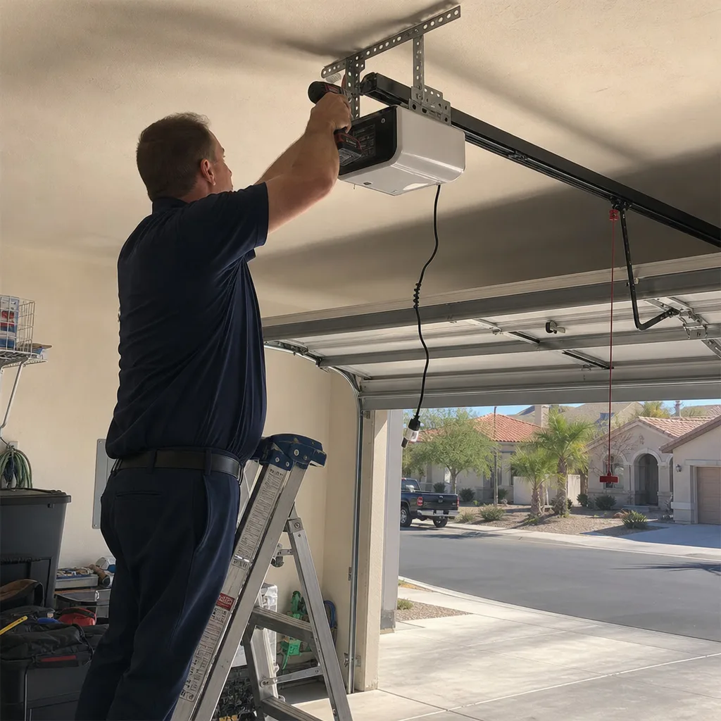 Technician using power drill to repair a garage door opener motor