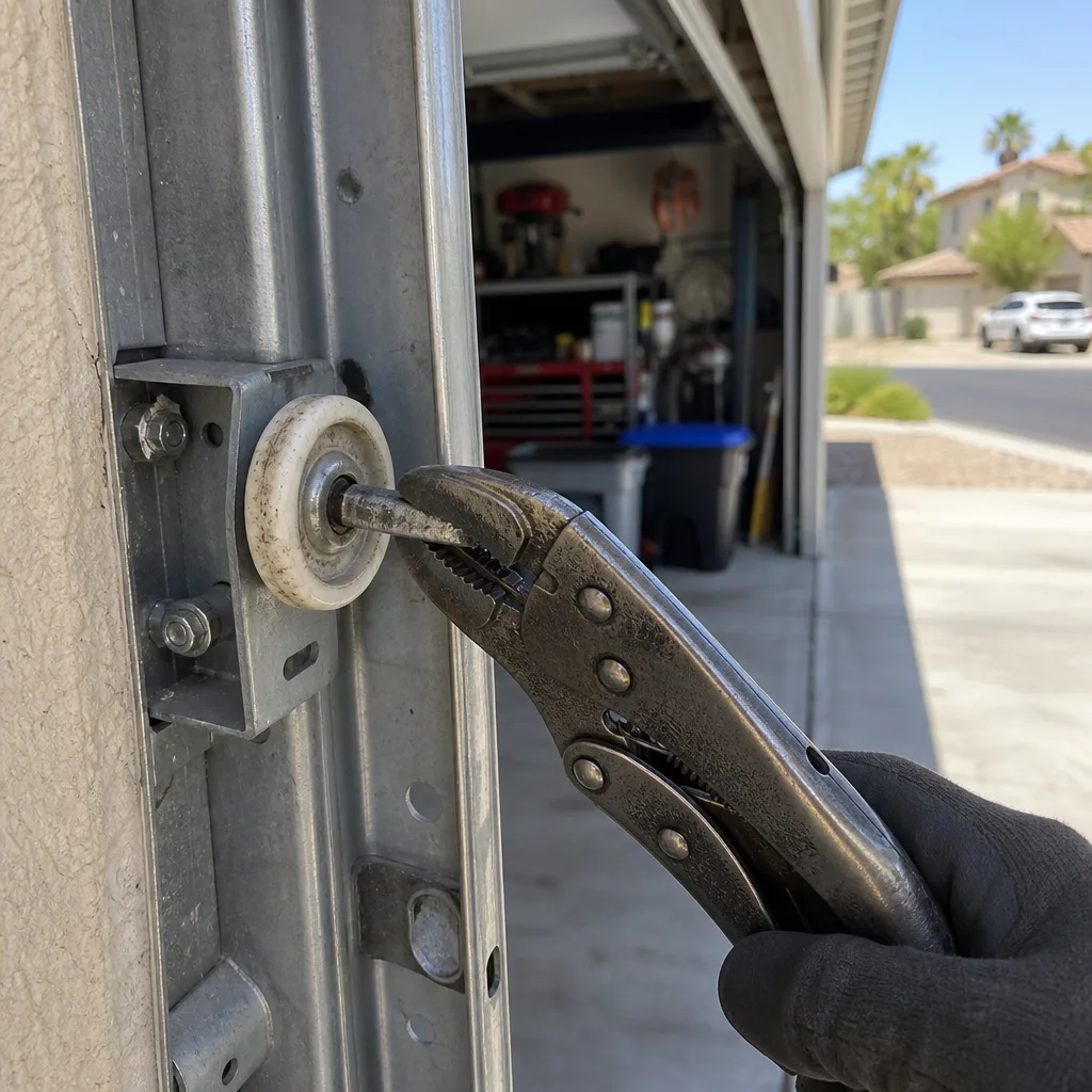 Hand using locking pliers to perform professional garage door roller repair
